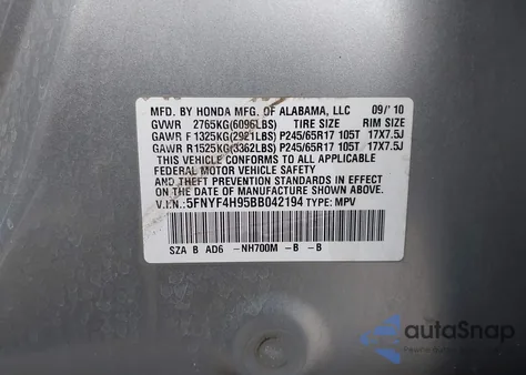 2011 Honda Pilot Touring from USA, damaged, VIN 5FNYF4H95BB042194
